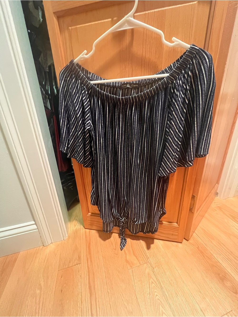 Kim & Cami Off-Shoulder Navy Striped Tie-Hem Top